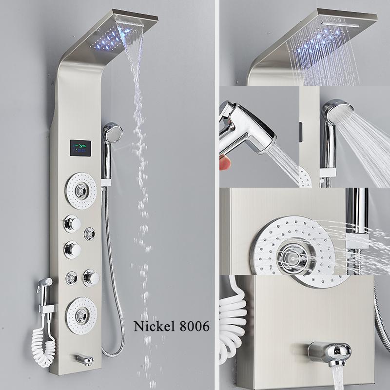 ALENARTWATER Bathroom Shower Panel LED Waterfall Shower Water Top Spray Temperature Display Faucet Back Massage with Water Tap
