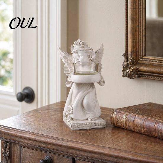Gift Angel Candle Holder Little Holder, Resin Decorative Guardian Tea Light Shadow Effect Retro Cherub Sculpture for Home Church Wedding Decor Vintage