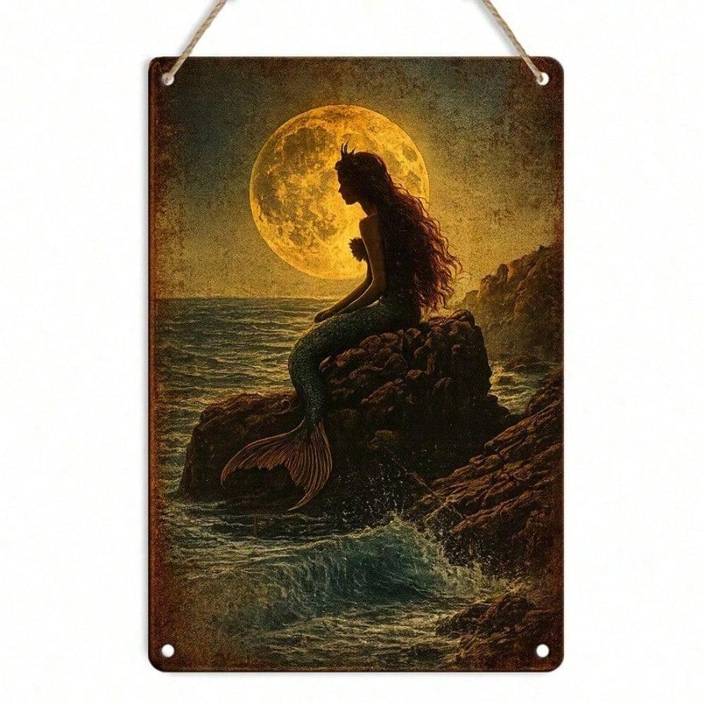 1pc 2D Flat Mermaid By Moonlight Metal Tin Sign, Retro Vintage Wall Decor Plaque, 12x8 Inch Durable Iron Art, Easy-to-Hang Ornament