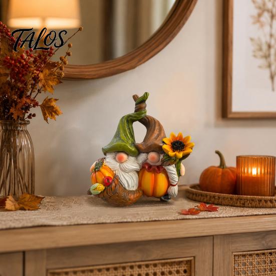 Decorative Crafts for Fall Gnome Ornament, Resin Autumn Harvest Figurines with Pumpkin And Collectible Couple Sunflower Decor Thanksgiving Halloween,