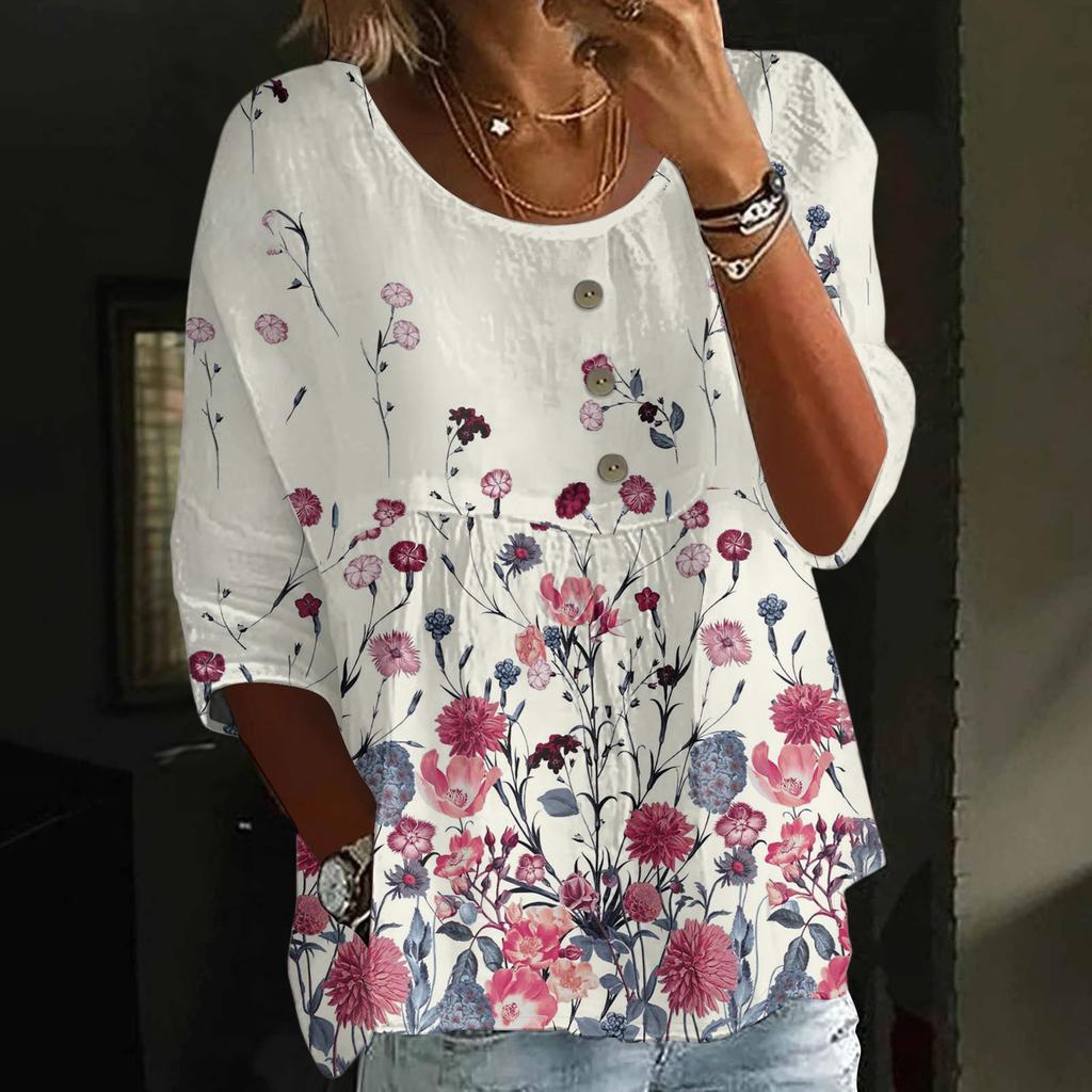 Women's Fashion Casual Three-quarter Sleeve Loose Round Neck Button Floral Print Top