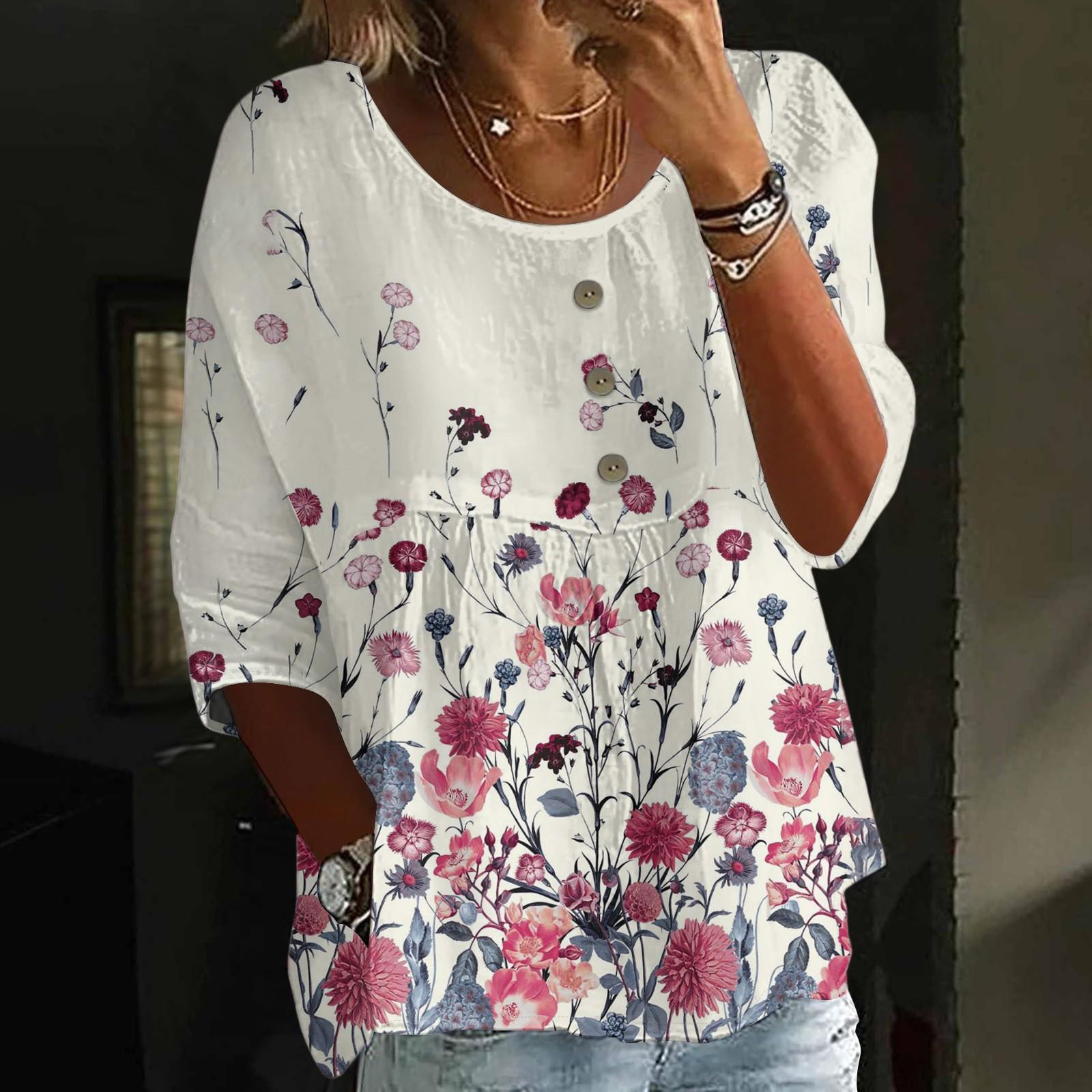 

Женская мода Повседневный Топ с рукавом три четверти Свободный Круглый вырез Пуговицы Цветочный принт L розовый