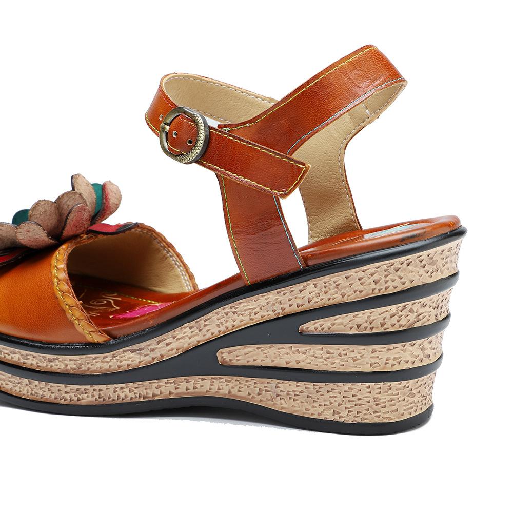 Johnature Pantofi de damă în stil etnic, cu flori de epocă, confortabile, sandale din piele naturală