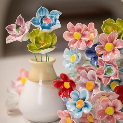 Floare Ceramica Handmade Floare Artificiala Realista cu Tija Metalica Acasa Birou Sufragerie Vaza Falsa Colorata