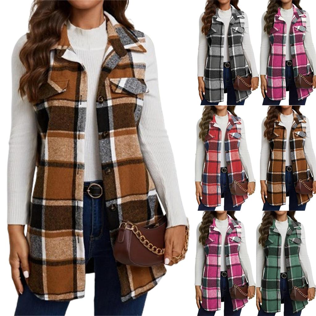 Women's Fashion Casual Tank Top Long Plaid Button-down Vest with Pocket Jacket
