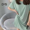 Lady Summer Dress Round Neck Loose Solid Color Short Sleeves Ice Silk Casual Clothes Homewear Pajamas Knee Length Nightdress