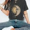 Summer Hot Selling Bohemian Style Tshirt with Mysterious Moon and Sun Face Pattern Print Retro Hippie Style Womens Tshirt