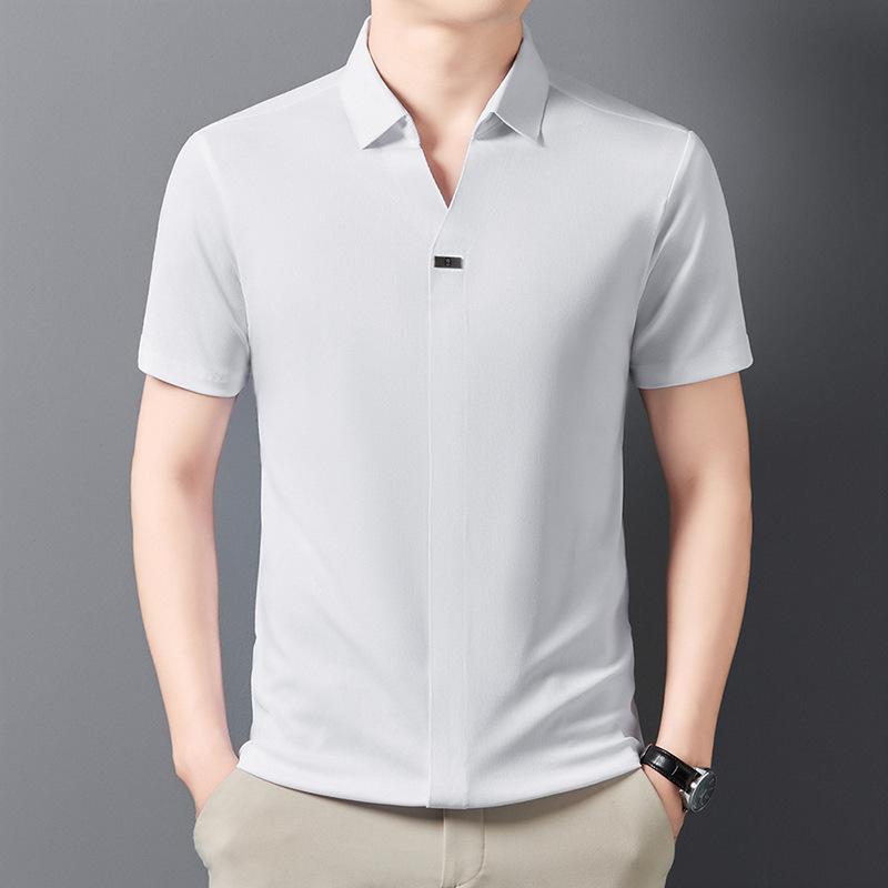 

Мужская летняя однотонная рубашка-поло с короткими рукавами и V-образным вырезом, модная, повседневная, дышащая и удобная рубашка с короткими рукавами XL белый