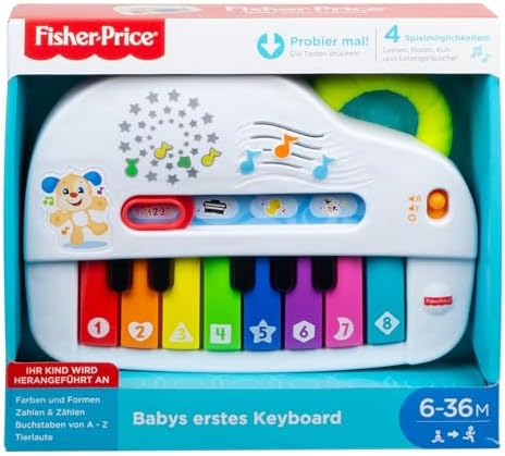 FISHER-PRICE Tastiera del Primo Bambino - Giocattolo Pianoforte Portatile con 4 Modalità di Gioco, Canzoni, Luci e Suoni, Giocattolo per l'Apprendimento della Lingua Tedesca per Neonati dai 6 Mesi in su