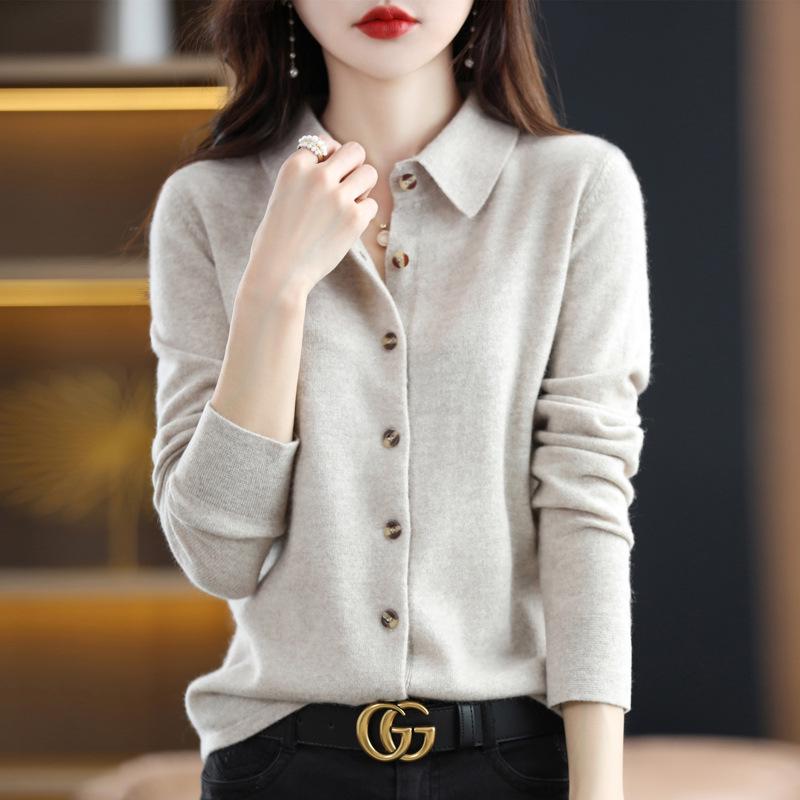Women's Long Sleeve Pure Wool Knit Cardigan with Polo Collar - Autumn/Winter Edition