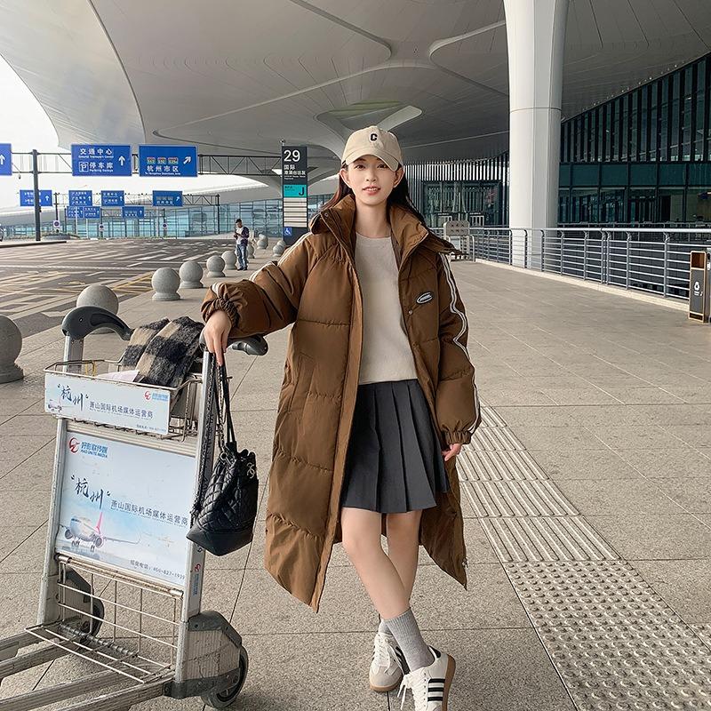 Lange Damen Baumwolljacke, Winter neue lockere College verdickte Kapuzenjacke über dem Knie Baumwolljacke Tide