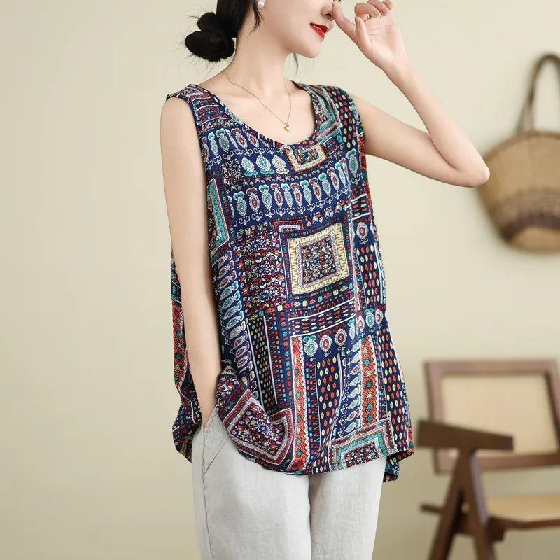 New Summer Large-size Women's Vest Ice Silk Wrinkled Loose Belly Covering Bottom Shirt Mother Wear Middle-aged and Elderly Round Neck Top