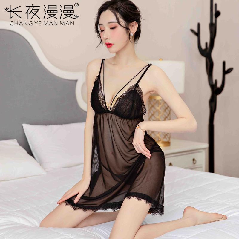 Sexy Lingerie, Female Lace Mesh Suspender Nightgown, Sexy Pajamas Seductive Transparent Uniform