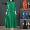 Solid Color Women Dress Fall Winter Knitted A-line Loose Hem High Collar Thick Neck Protection Warm Long Sleeve Pleated Mid-calf Length Midi Elegant