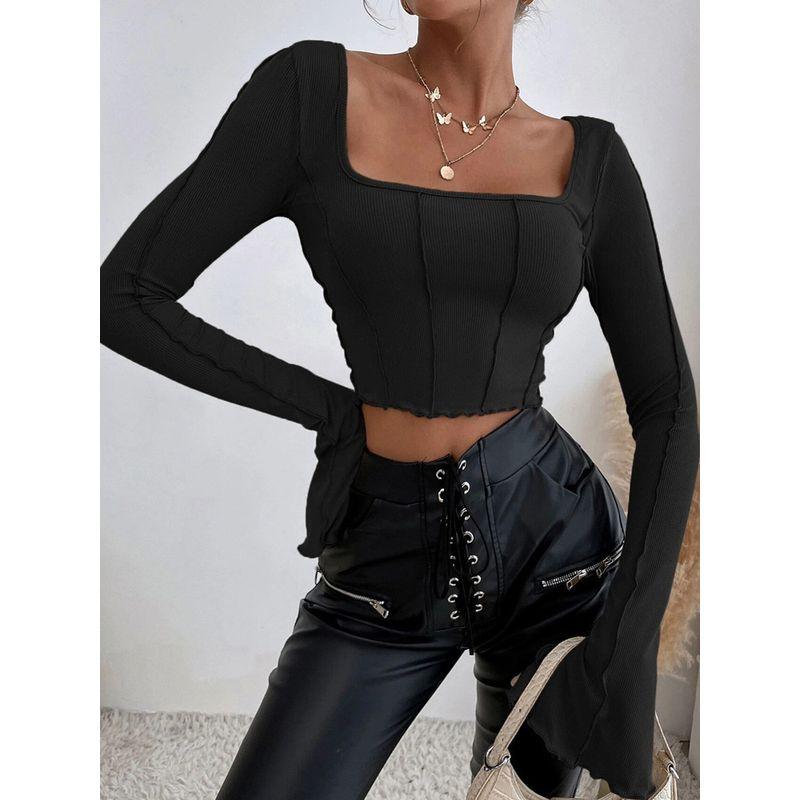2022 Slim Fitting Long Sleeve Square Neck Pullover T-shirt