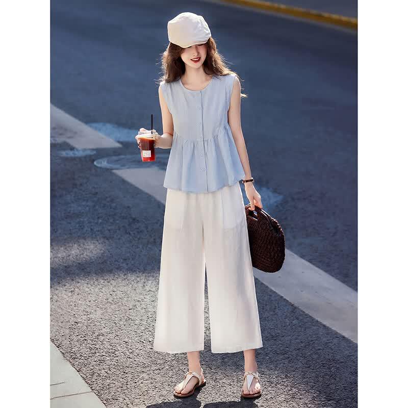 Women's Lyocell Linen Sleeveless Shirt & Cropped Pants Set