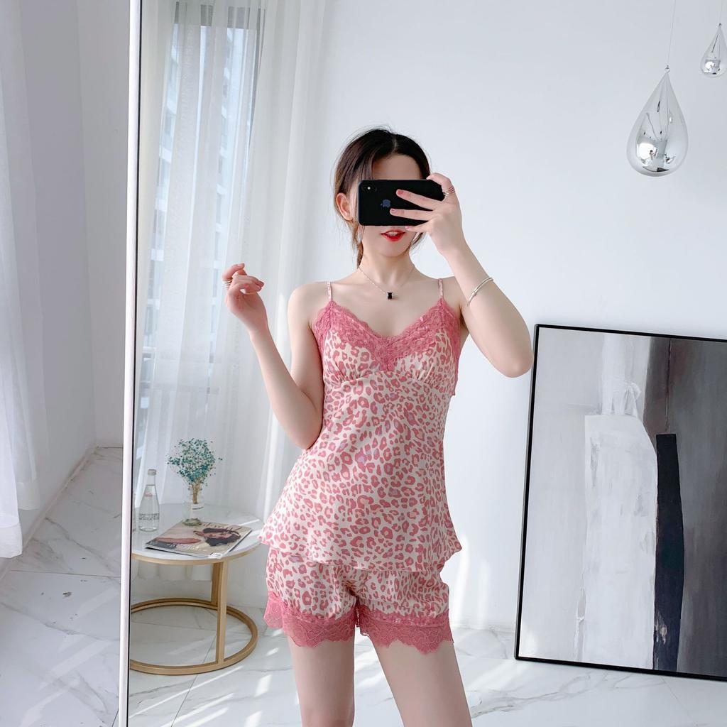 Dámské sexy pyžamo s leopardím vzorem, sada šortek na ramínka z ledového hedvábí, letní tenký styl s vycpávkami na hrudi, krajka, imitace hedvábí, domácí oblečení
