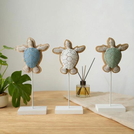 Nautical Sea Turtle Statue Rustic Standing Sea Turtle Block Sign Summer Ocean Tabletop Figurine with Wooden Base for Coastal Beach Home Decor