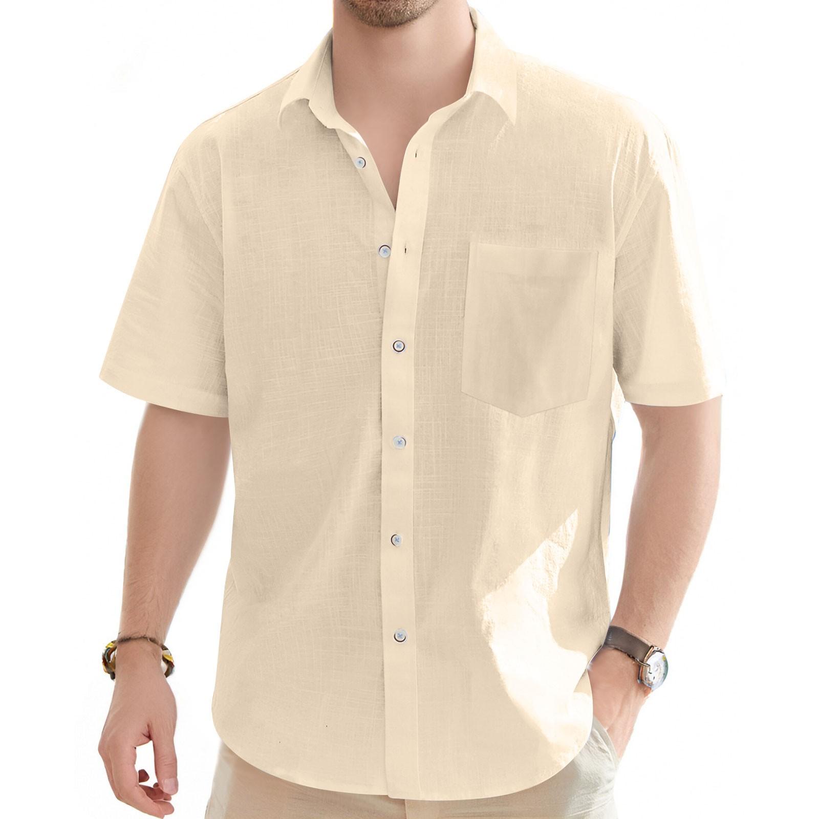 Men s Summer Cotton And Linen Short Sleeve Cardigan Casual Button Beach Holiday Loose Shirt L бежевый