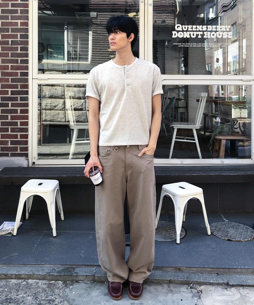 Dei [Henley Neck, Round] Semi-Crop Knit Short Sleeve T-Shirt (2 Stries) (B Type)