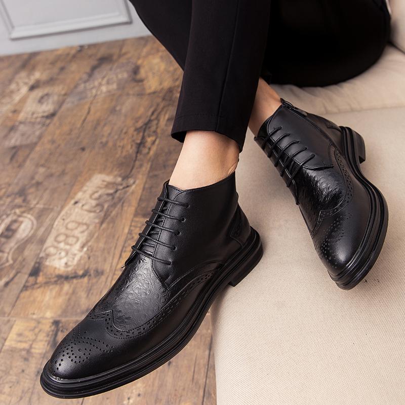 Summer New Men's Shoes High-top Leather Shoes Men's Trendy British Business Dress Casual Shoes Mid-top Leather Boots Brown Short Boots