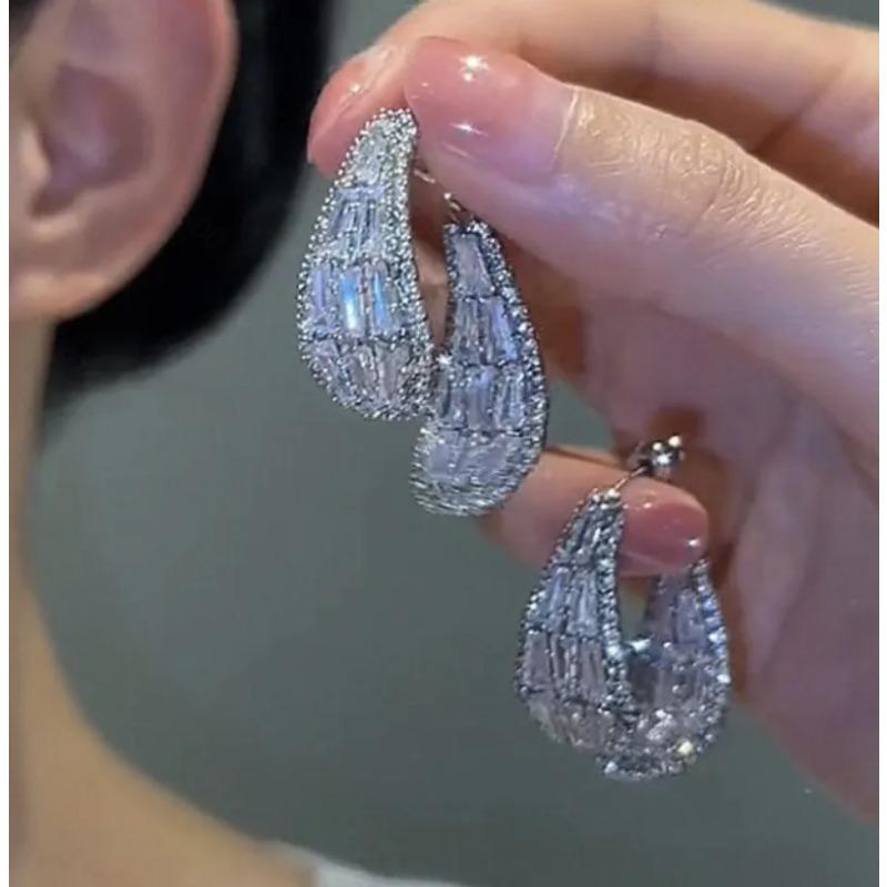 New  Luxury Zircon Front And Rear Cross Curved Droplet Earrings With Advanced Fashion Women'S Festival Party Accessories