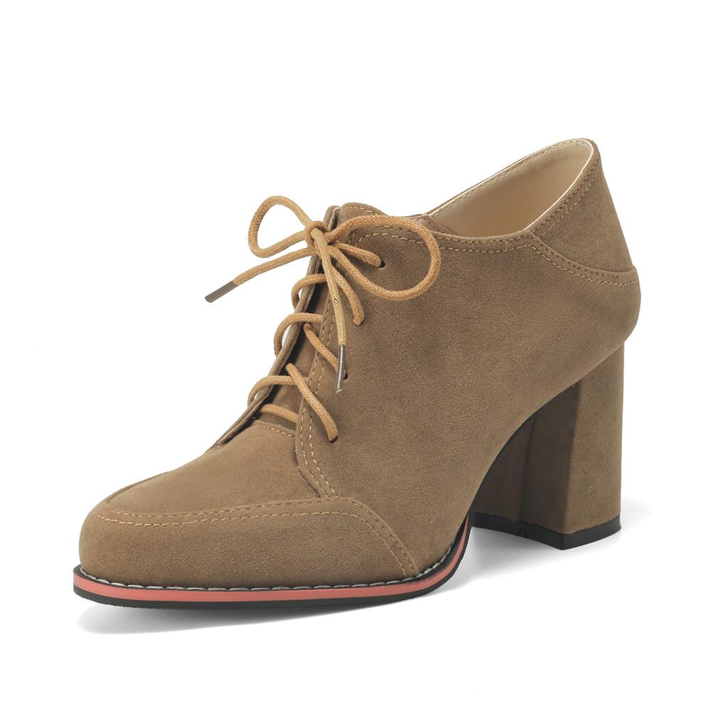 Women Lace Up Platform Pumps Square Heel Round Toe High Heels British Style Oxfords Autumn Low Top Student Shoes Black Booties