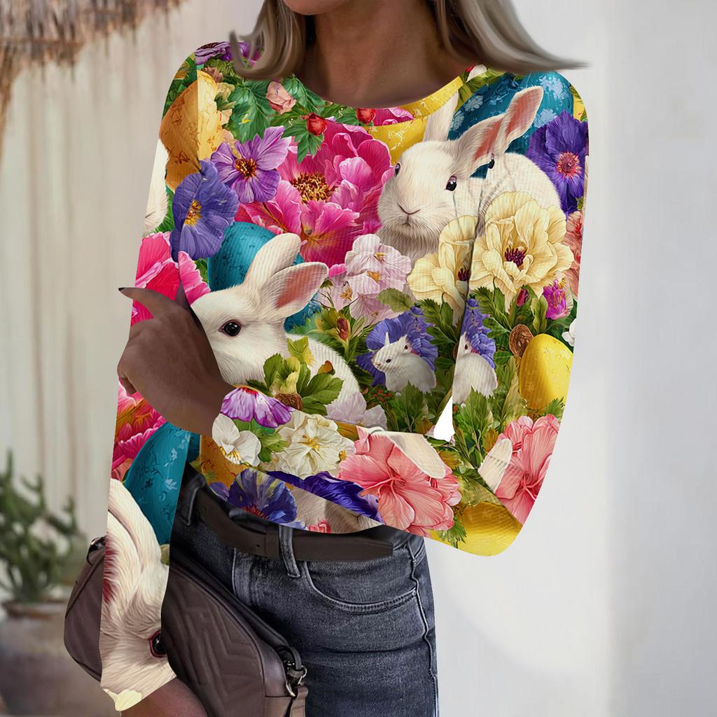 Women's Casual Fashion Round Neck Easter Print Long Sleeve Ribbed Top