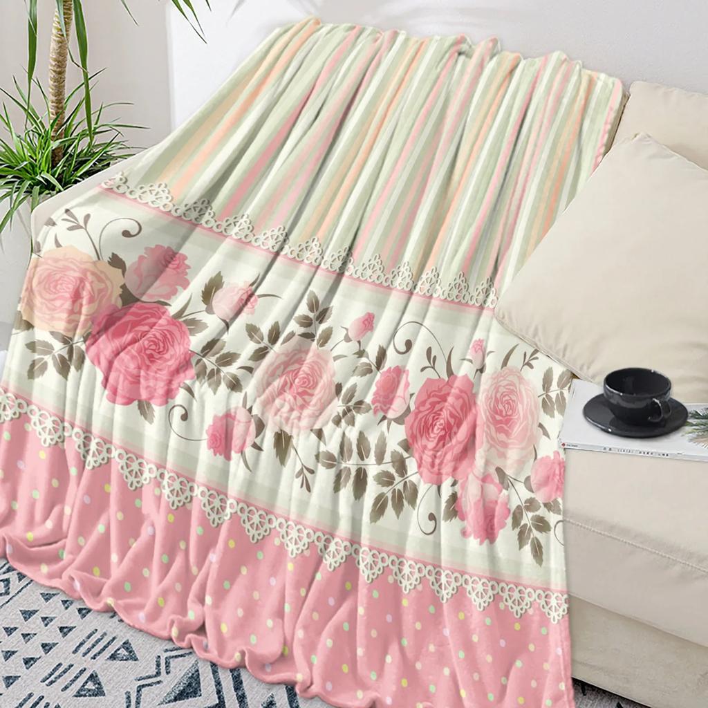 Pink Rose Bouquet White Throw Blanket Portable Warm Blanket for Beds Home Decor Sofa Blanket