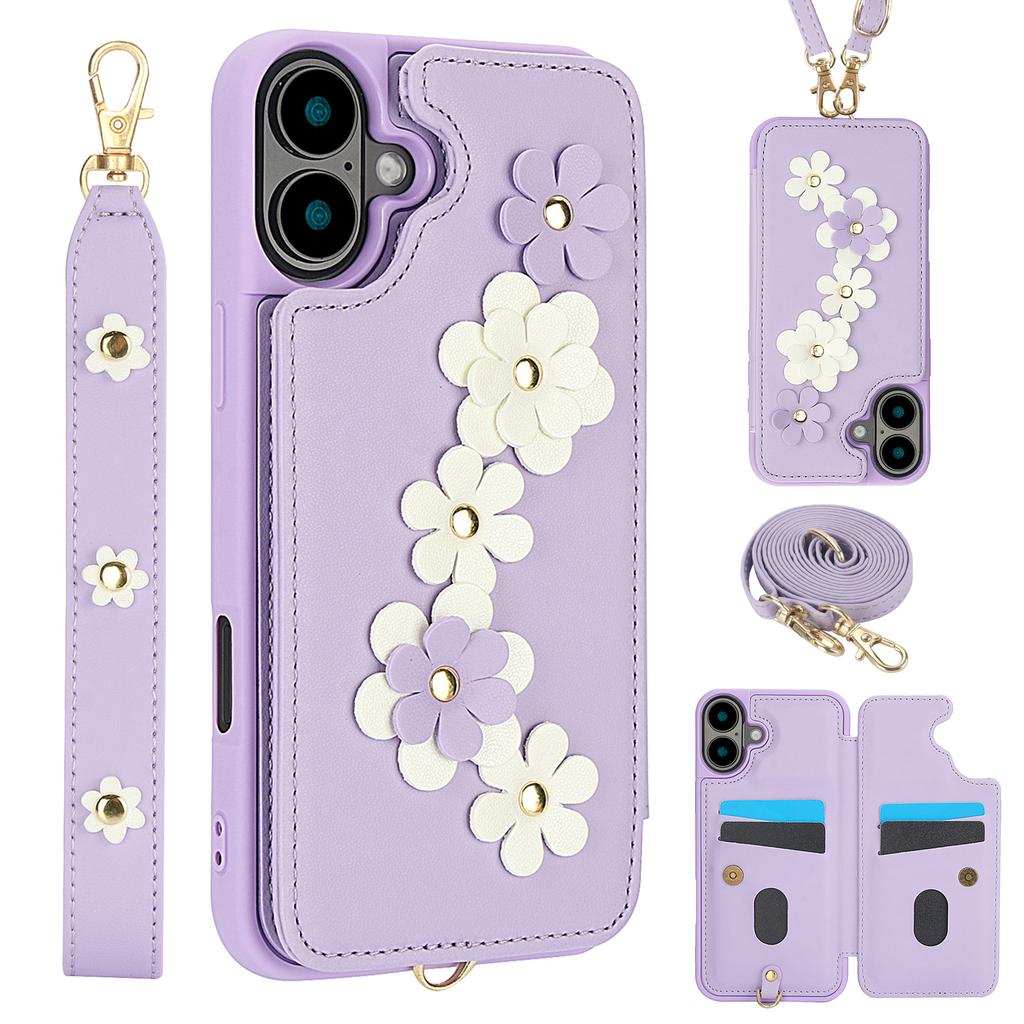 Applicable to iPhone16E multi-function mobile phone case 17Pro flower card holder anti-drop diagonal span rope portable rope