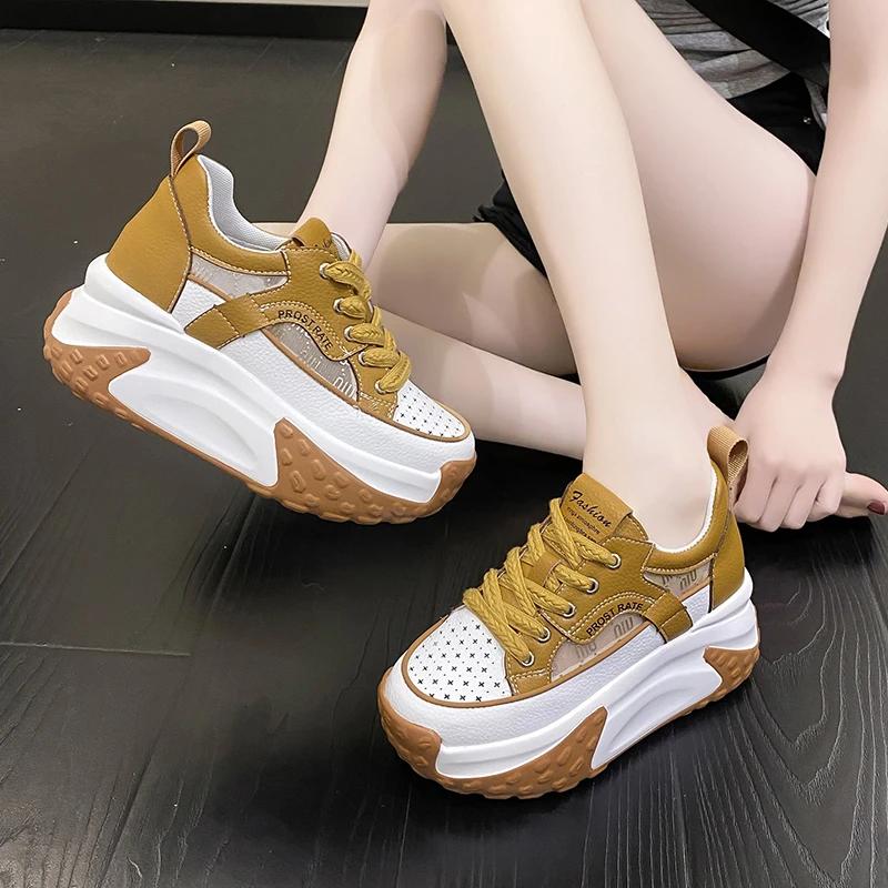 Fashion Synthetic Platform Wedge Flats Air Mesh Chunky Sneaker Casual Leather Comfort High Brand Spring Lace Up Summer Sports Shoes