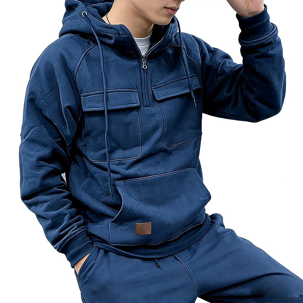 Loose Multi-pocket Solid Hooded Warm Thick Men's Hoodie New Fashion Color Long-sleeved Winter Casual Sweatshirt