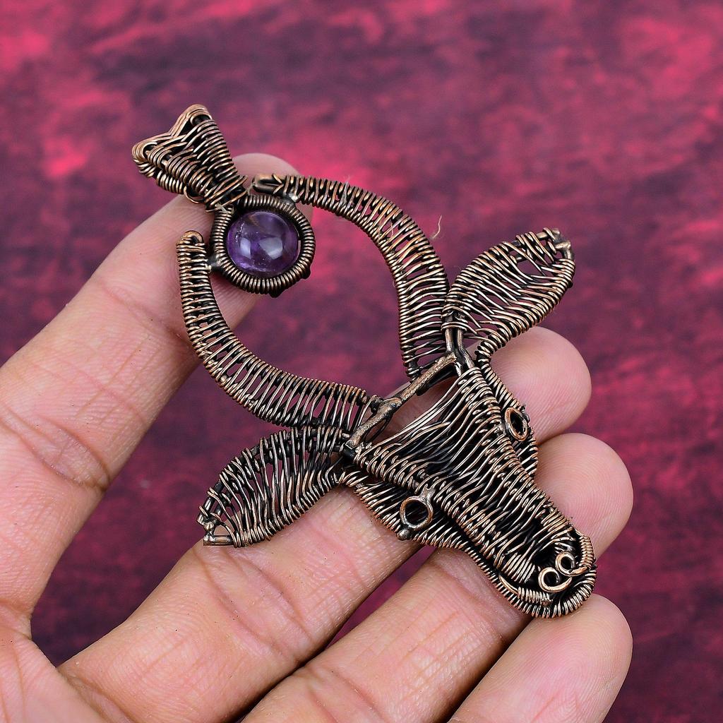 African Amethyst Pendant Cow Face Pendant Gemstone Copper Wire Wrapped Jewelry