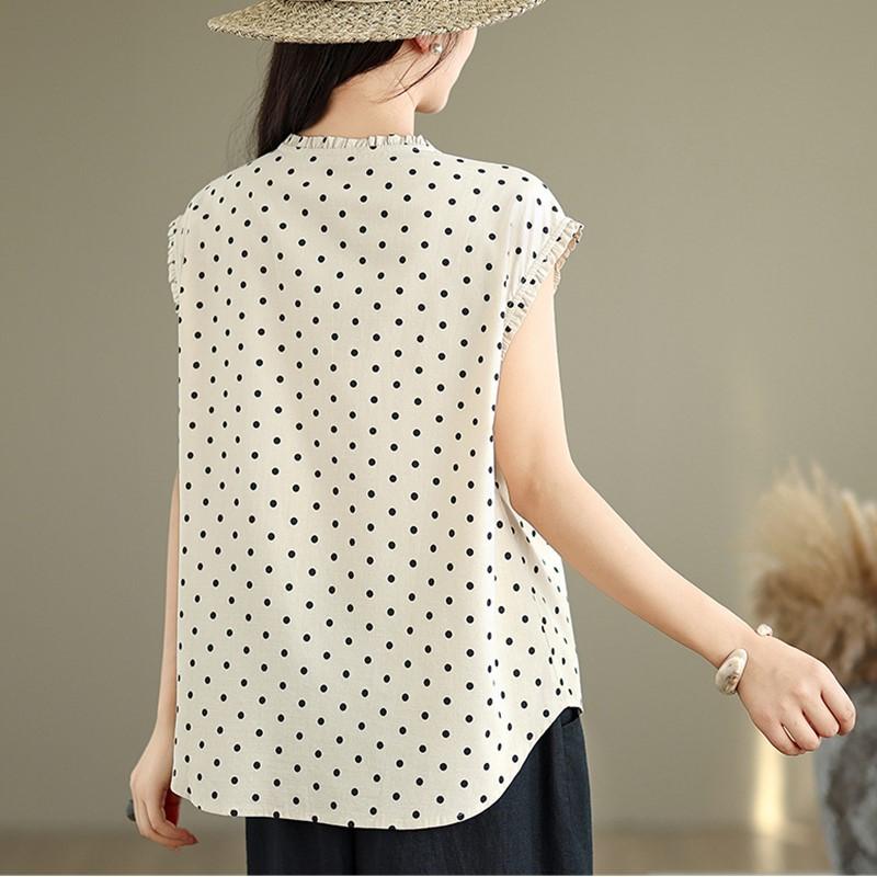 Kurzarm Oversize Baumwolle Pünktchen Vintage Hemden & Blusen für Bluse Lässig locker Sommer Oberteile Damen Knopfleiste Hemd