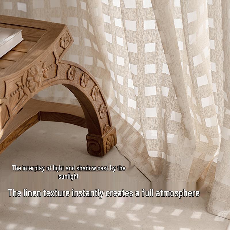 Vintage Plaid Sheer Linen Curtains for Living Room & Bedroom - Light-Permeable, High-End Feel, New Style for Balcony Windows
