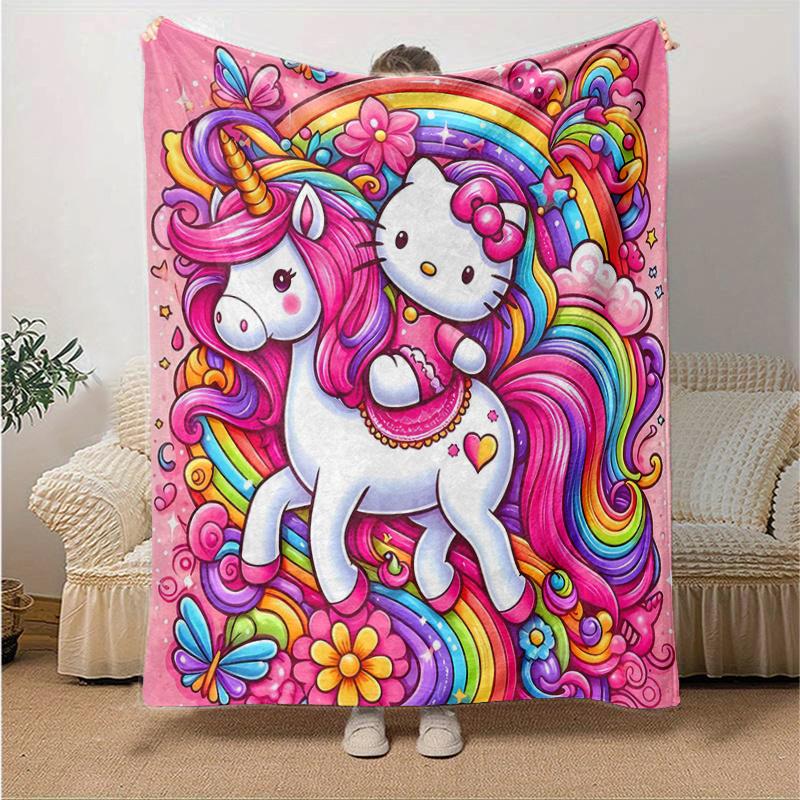 1pc Hello Kitty Riding a Unicorn Cartoon Blanket, Soft Throw for Home Decor, Gift Idea, Living Room, Travel, Camping, Car Blankets, Beach, Office Naps
