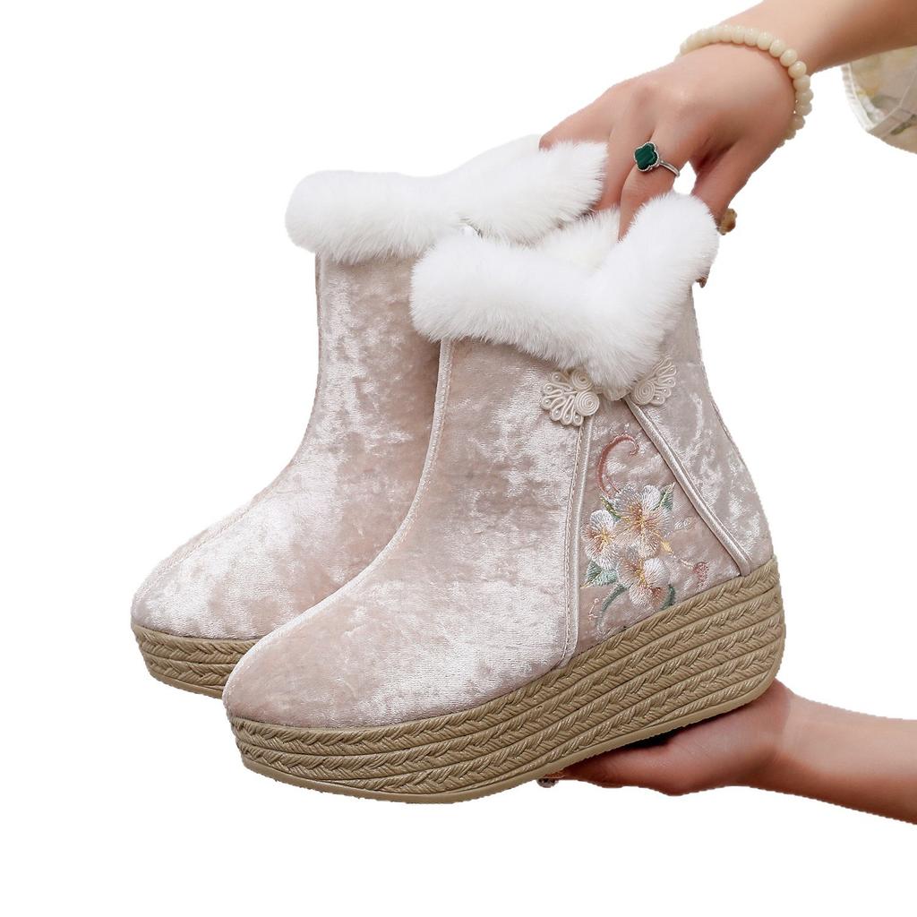 Winter Chunky Platform Ankle Boots for Women Non-Slip Embroidered Snow Booties with Faux Fur Lined Women's Warm Comfortable Wedge Walking Boot Shoes