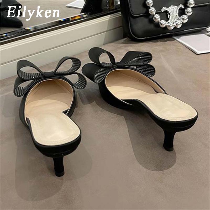 Fashion Eilyken Silk Satin Pointed Toe Women Slipper Fashion Butterfly-knot Shallow Slip On Ladies Mules Low High Slides Shoes
