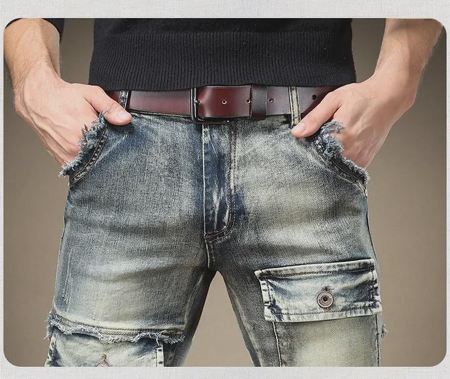 Men's Retro Styled Slim Fit Workwear Jeans with Scraped Edges - Spring & Autumn Trends