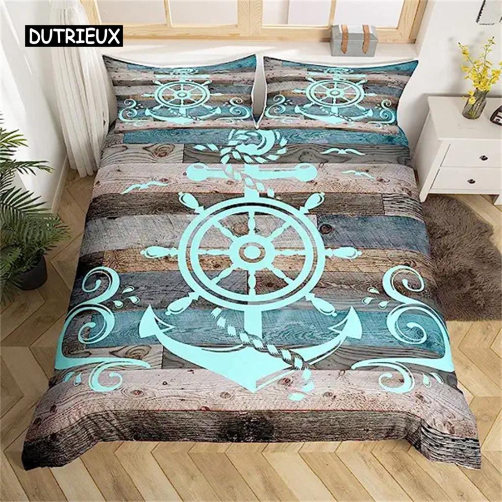 Anchor Duvet Cover Nautical Bedding Set Ship Anchor Chain With Lines Comforter Cover For Children Teen Bedroom Decoration Gifts