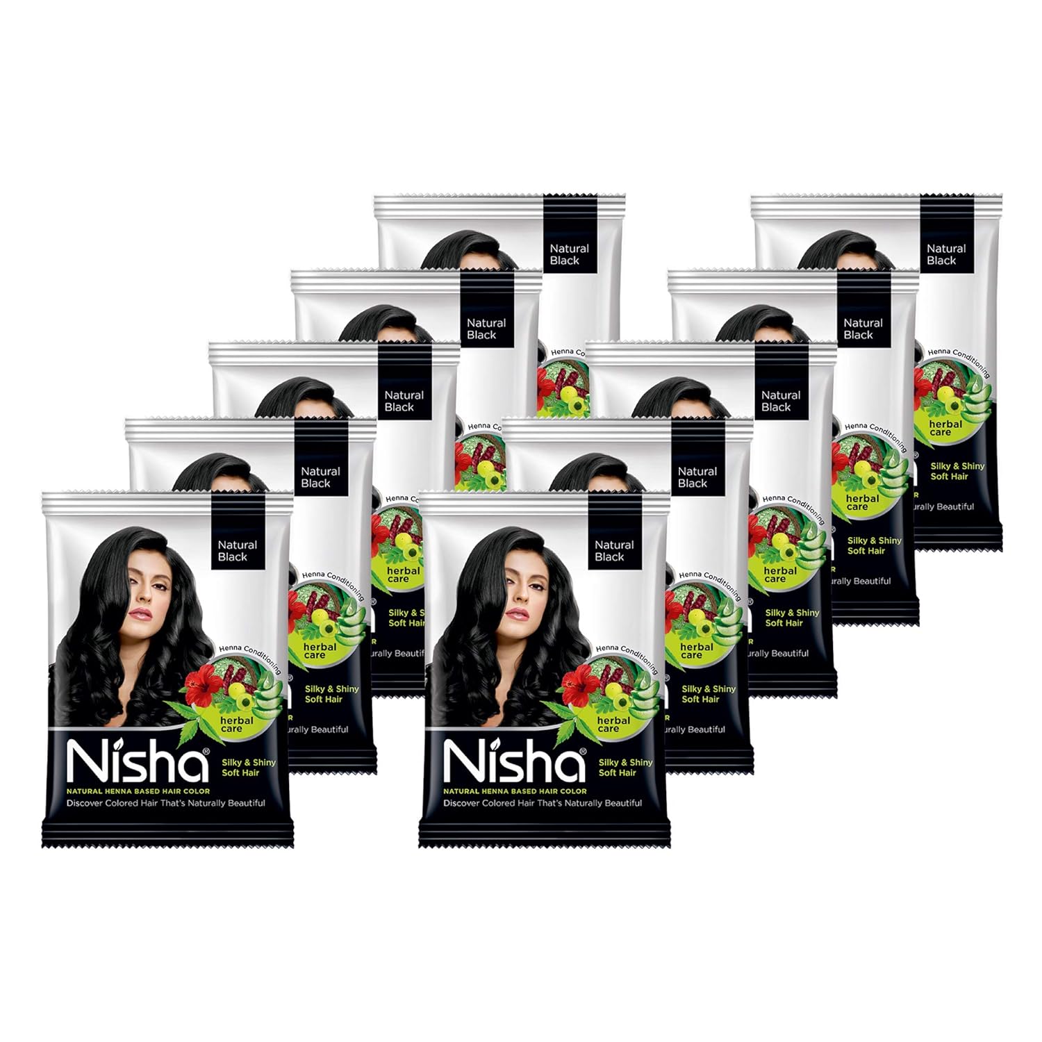 

Nisha Natural Henna Powder Hair Color Natural Black Herbal Conditioning Dye For Soft Shiny Hair Men Women 10g X Pack of 10