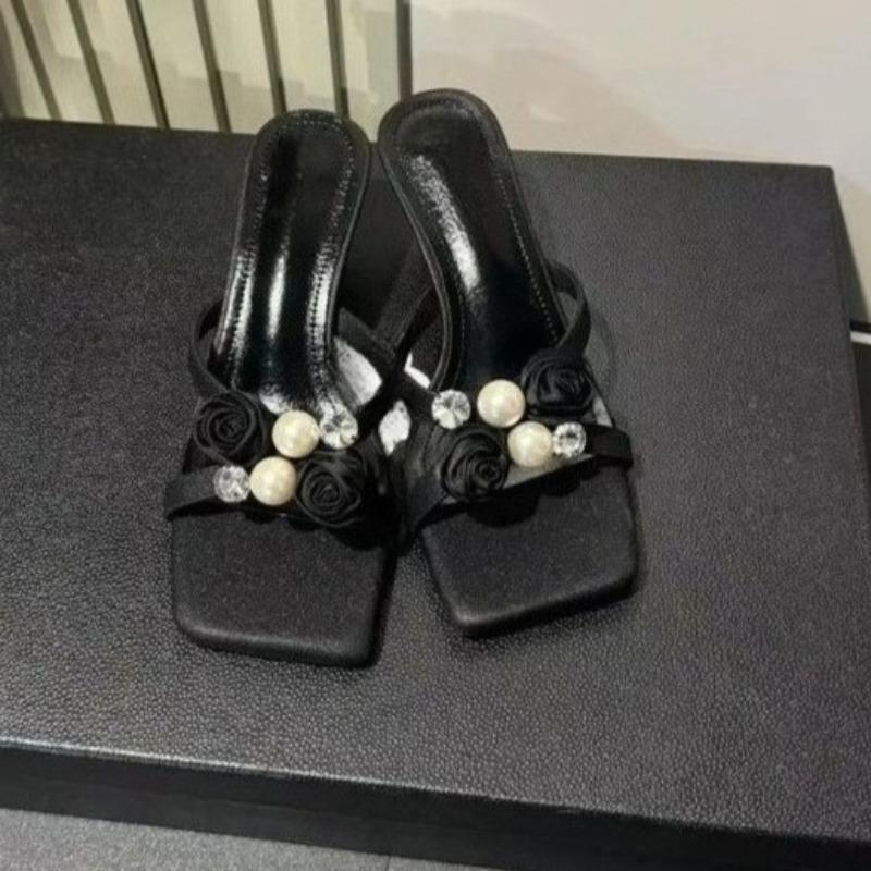 Pearl Flower Open Toe High Heel Slippers Women's Outside Wear New Summer Fashion Square Toe Block Heel Cool Mopping