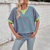 Sommerlich lässiges übergroßes gestreiftes Color-Block-Rundhals-Fledermausärmel-T-Shirt für Damen