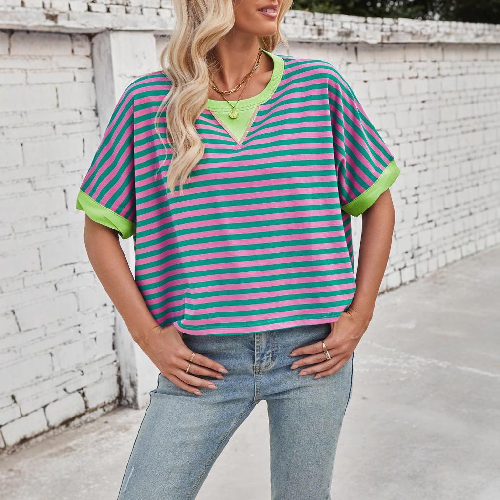 Sommerlich lässiges übergroßes gestreiftes Color-Block-Rundhals-Fledermausärmel-T-Shirt für Damen