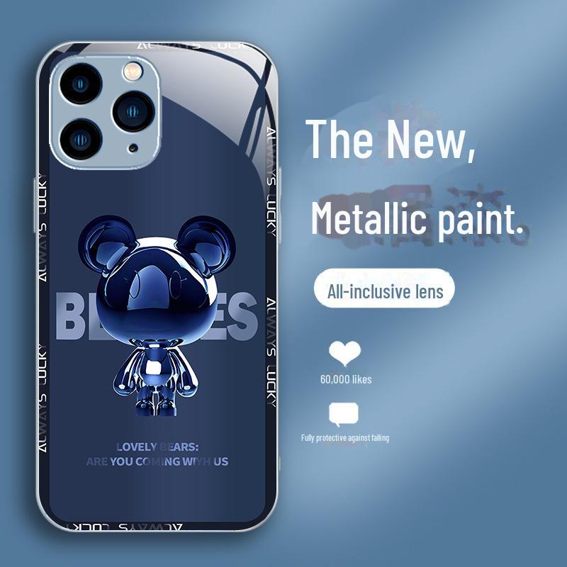 Metal Bear Cartoon Liquid Shell for Apple 13/13 Mini/14 Pro Max/11 Pro/X Premium Glass