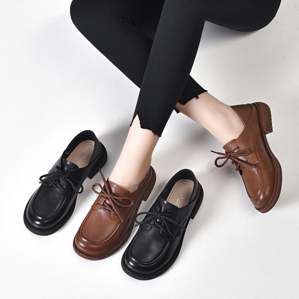 Casual spring new lace-up thick heel single shoes first layer cowhide one shoe two wear leather shoes