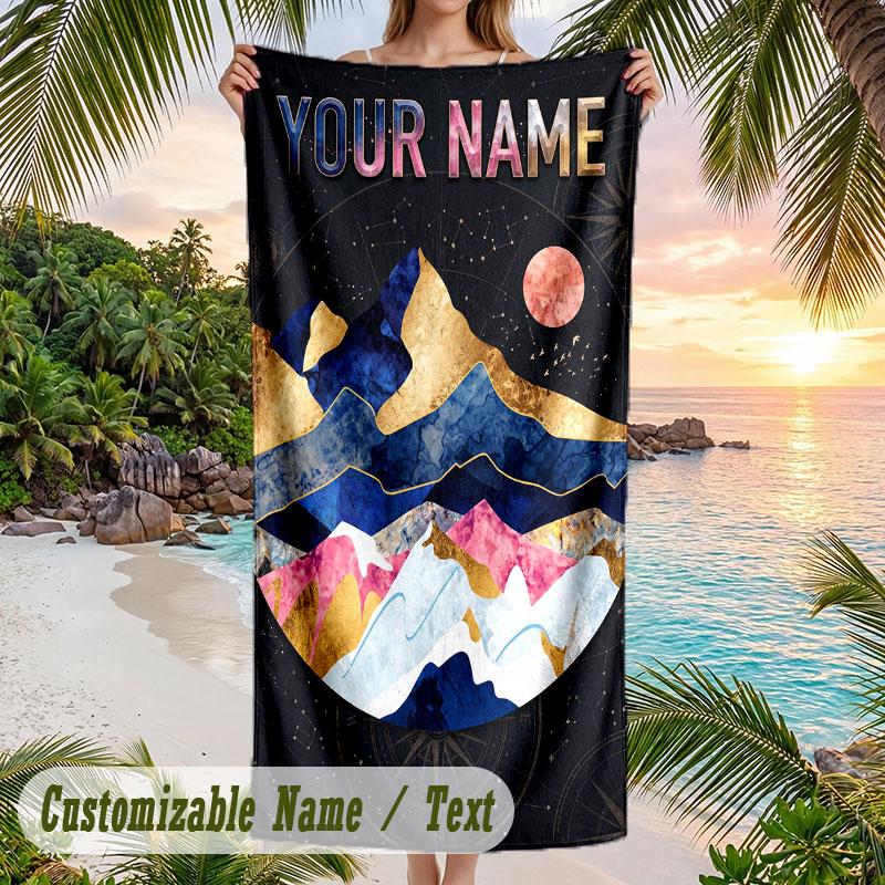 Cosmic Moon Mandala Art Theme Quick Dry Beach Towel Custom Name Text Print Large Sand Resistant Towel Beach Vacation