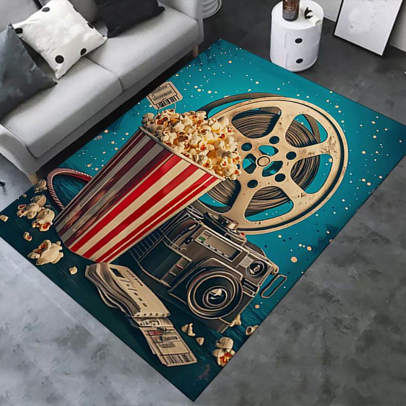 Office Carpet: Movie Night Essentials Popcorn Bucket, Film Reel, Camera, and Tickets for Your Home C