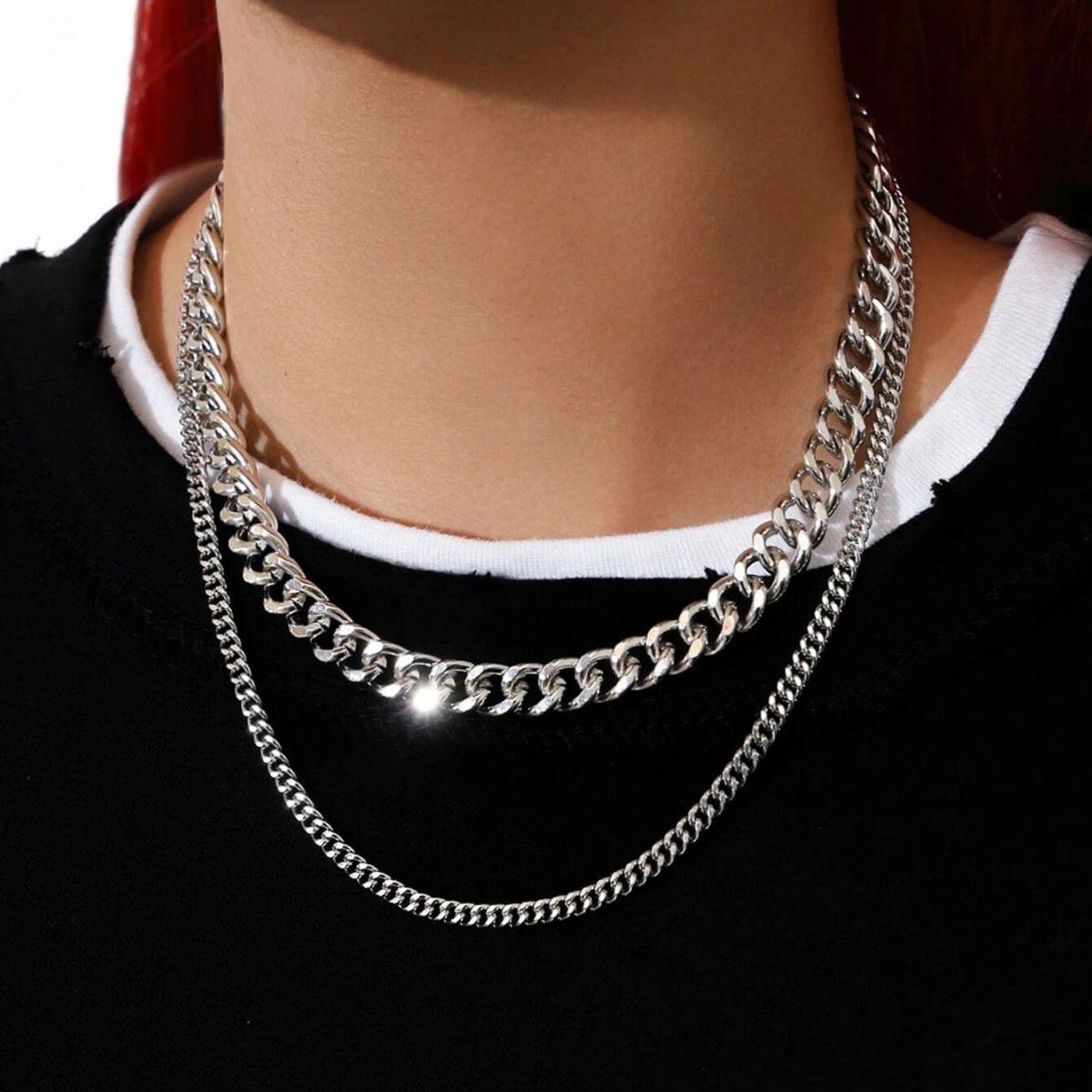 

Unisex Double Layer Hip Hop Clavicle Chain: Cuban-Style Versatile Necklace серебряный