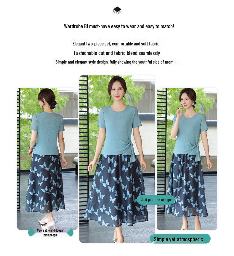 Mom's 2025 Stylish Summer Short-Sleeve T-shirt & Skirt Set for Middle-Aged Women
